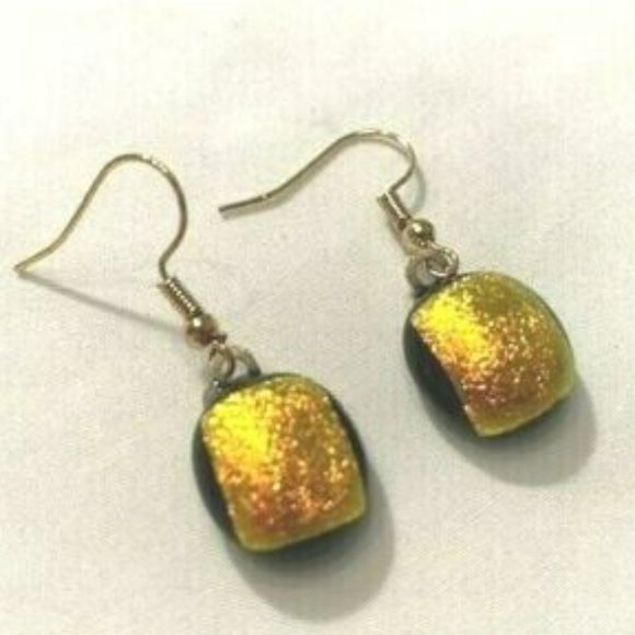 "Handmade" Inca Gold Design "Dichoric" Curve Square Glass Earrings (JM003) - Picture 2 of 5